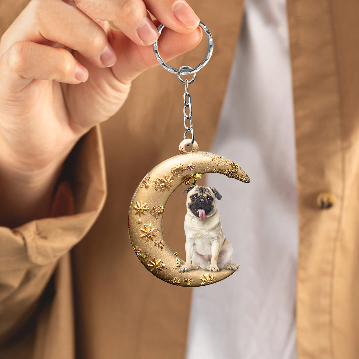 Pug 2-Dog &amp; Moon Flat Acrylic Keychain