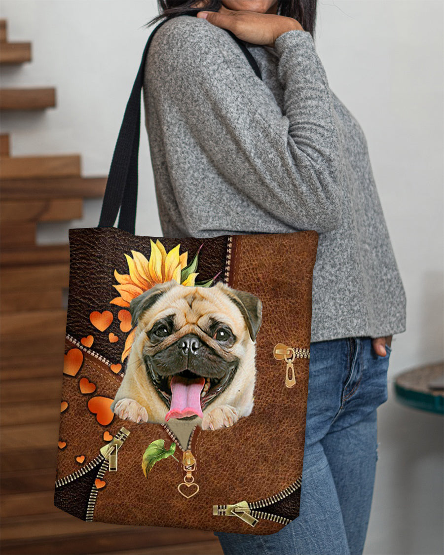 Pug-Sunflower&amp;zipper Cloth Tote Bag