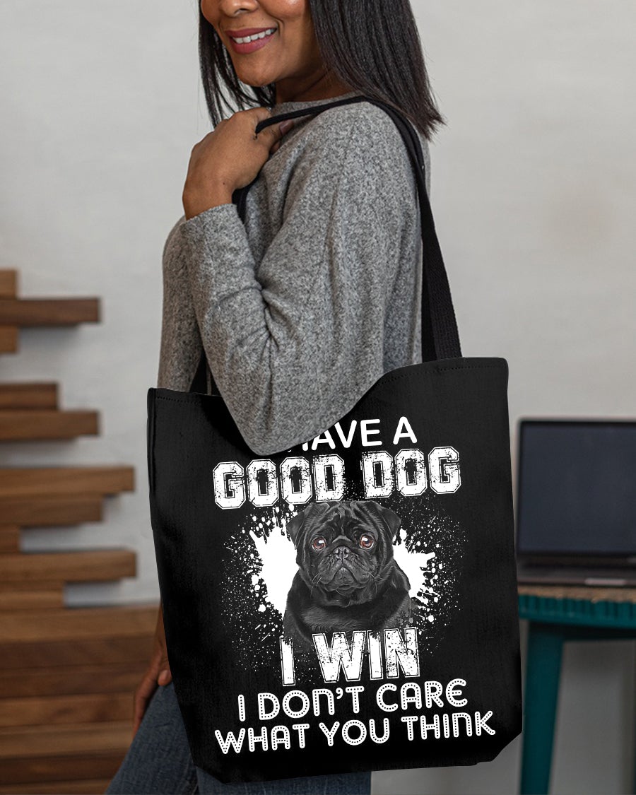 Pug Black-I Win Cloth Tote Bag