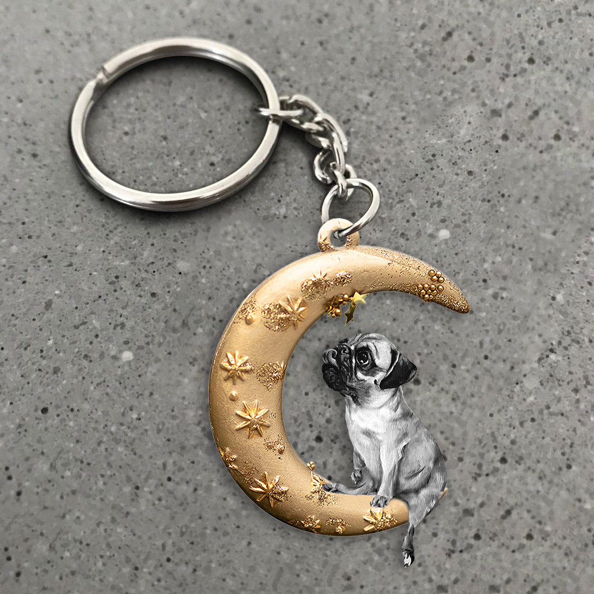 Pug-Dog &amp; Moon Flat Acrylic Keychain