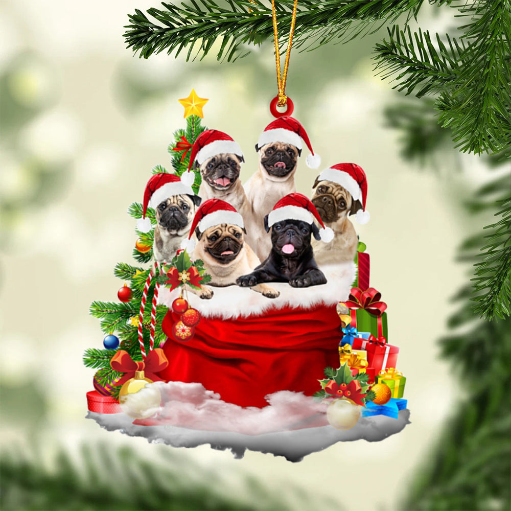 Pug-Christmas Bag&amp;Dogs-Two Sided Ornament