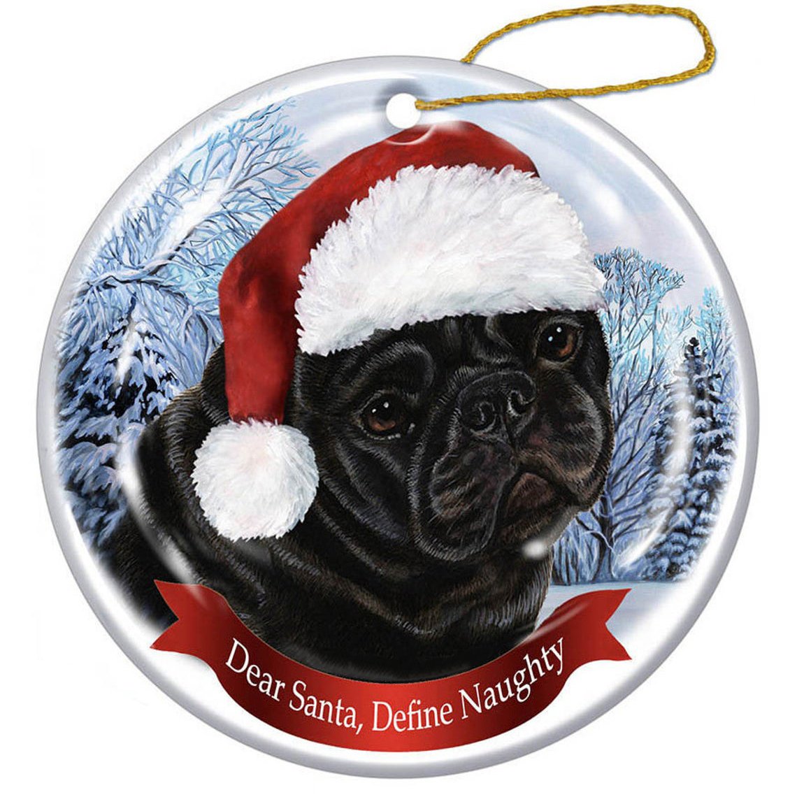 Pug (Black) Santa Hat Porcelain Christmas Ornament