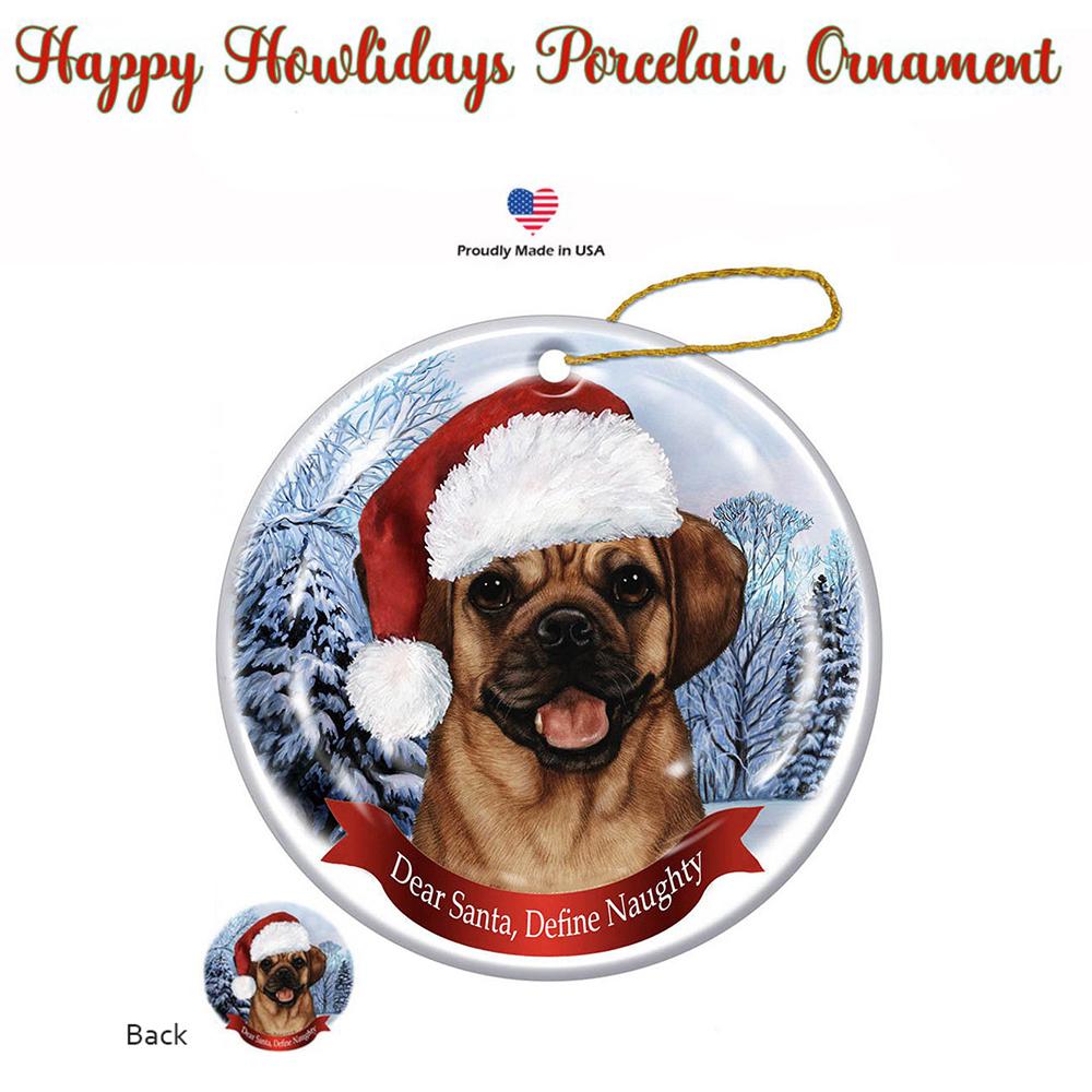 Puggle Fawn Santa Hat Porcelain Christmas Ornament
