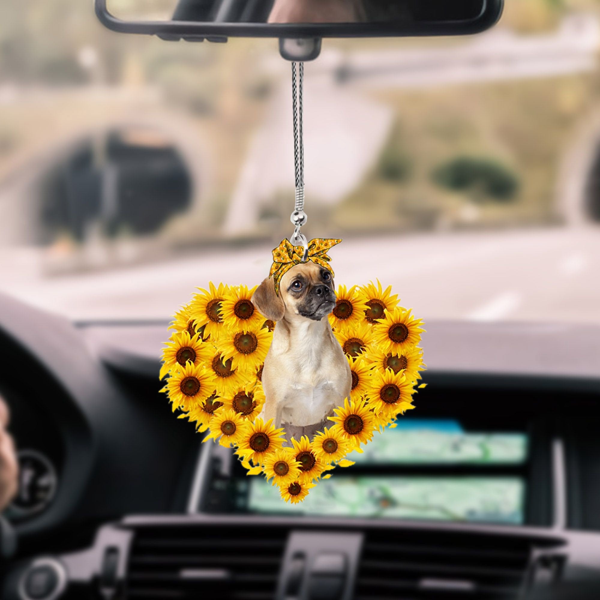 Puggle-Sunflower Heart gift Car Ornament