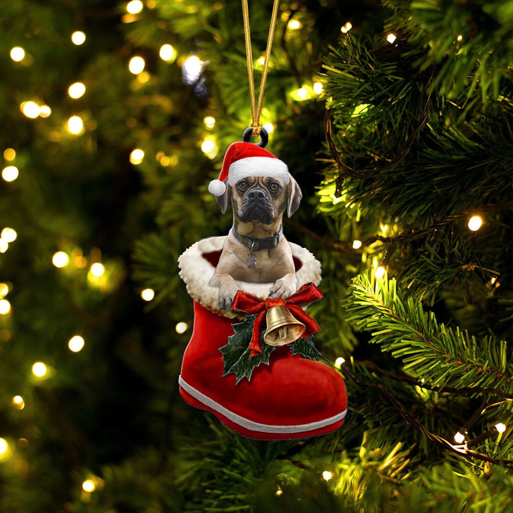 Puggle-In Santa Boot Christmas-Two Sided Ornament