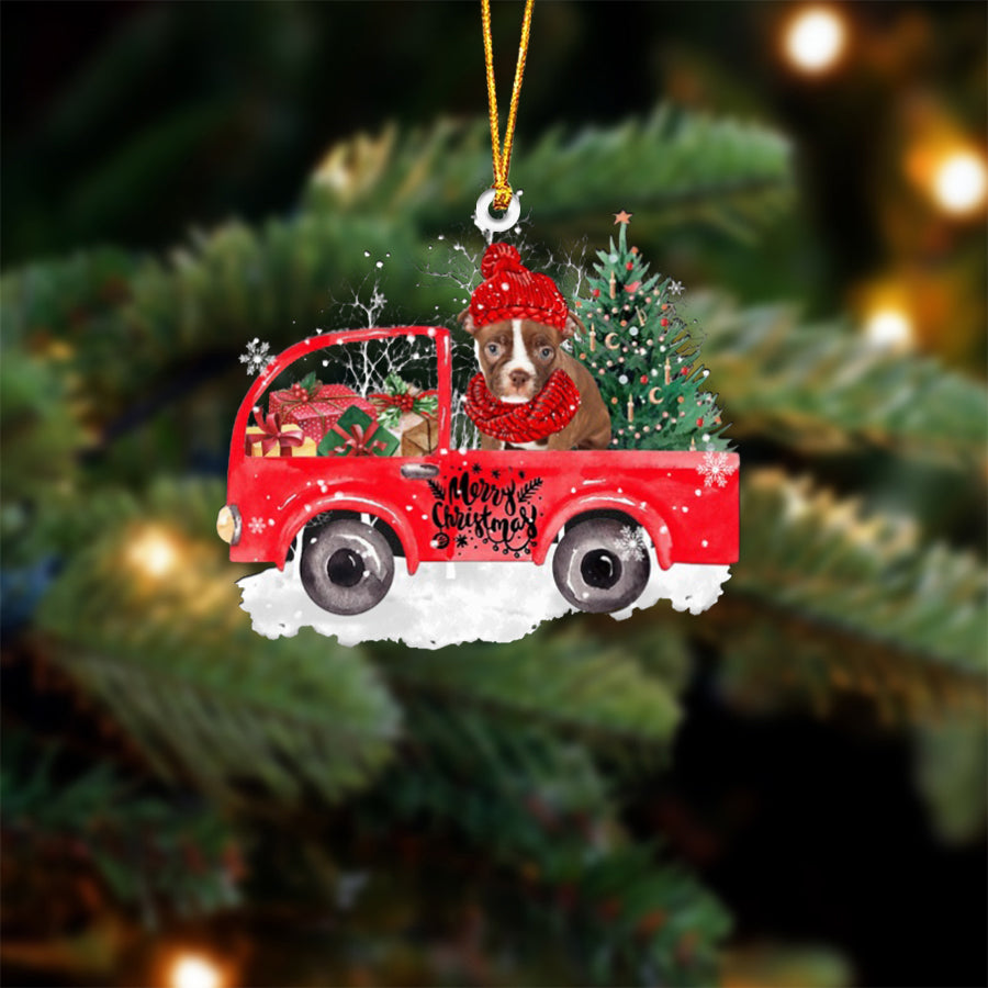 RED Boston Terrier-Xmas Truck-Two Sided Ornament