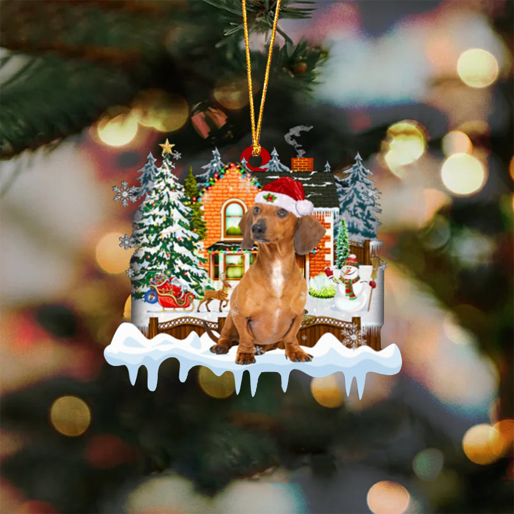 RED Dachshund-Xmas House-Two Sided Ornament