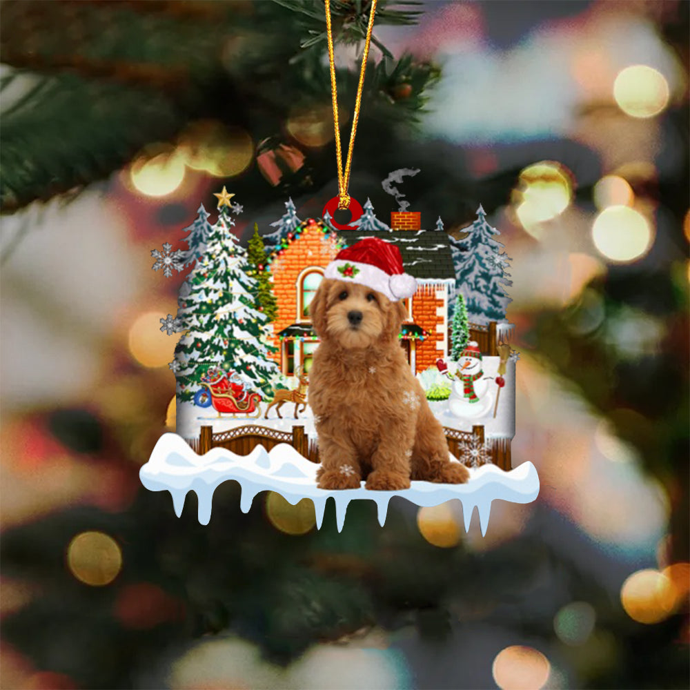RED Goldendoodle-Xmas House-Two Sided Ornament