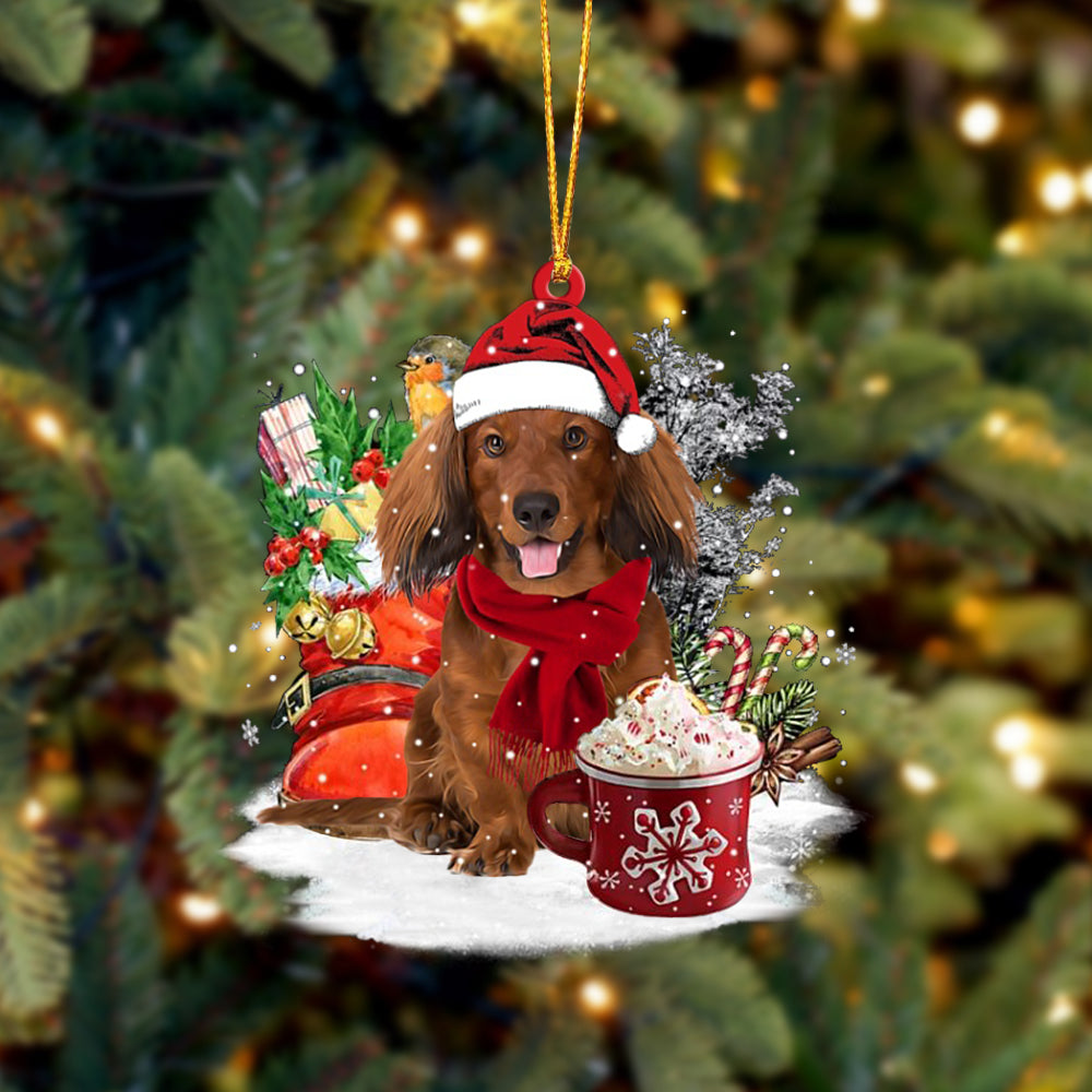 Red Long Haired Dachshund-Winter Cup-Two Sided Ornament