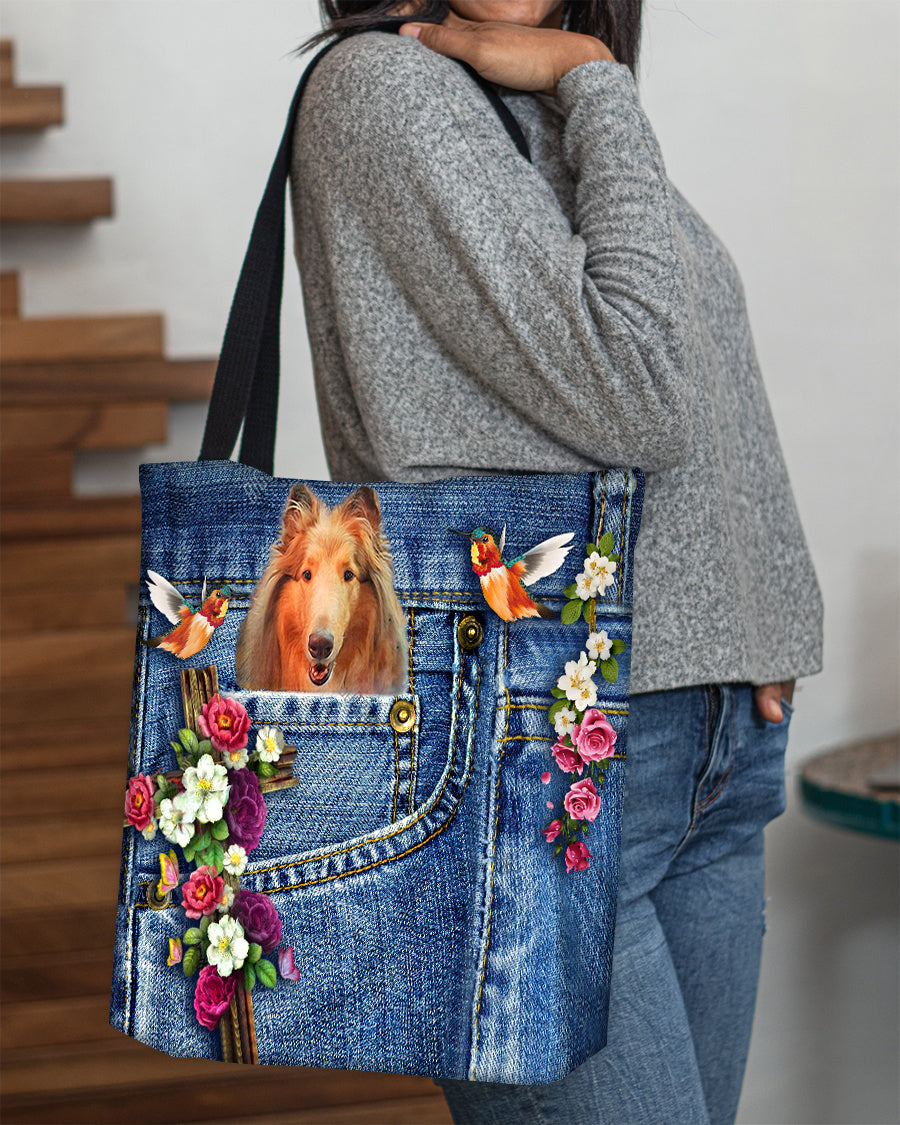 Rough Collie-Cardinal &amp; Cross Flower Cloth Tote Bag
