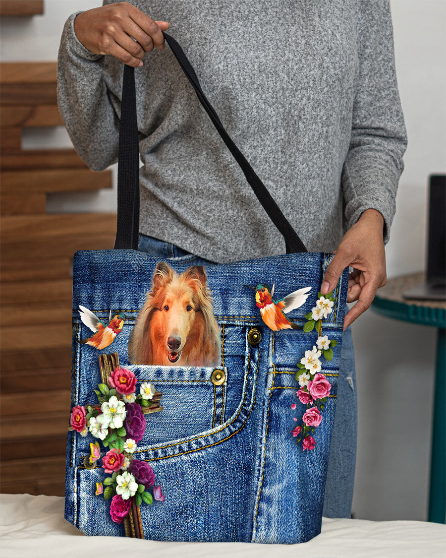 Rough Collie-Cardinal &amp; Cross Flower Cloth Tote Bag