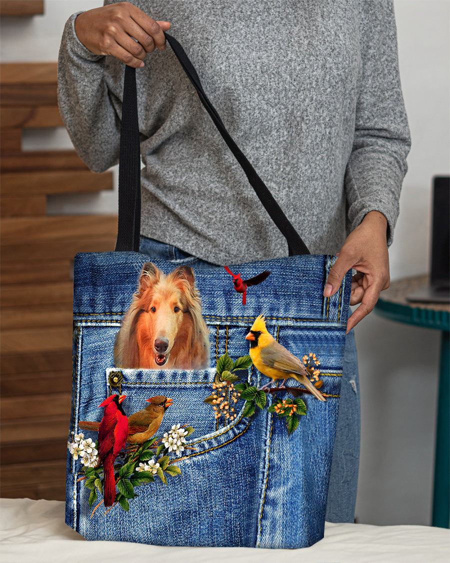 Rough Collie-Cardinal &amp; Dog Cloth Tote Bag