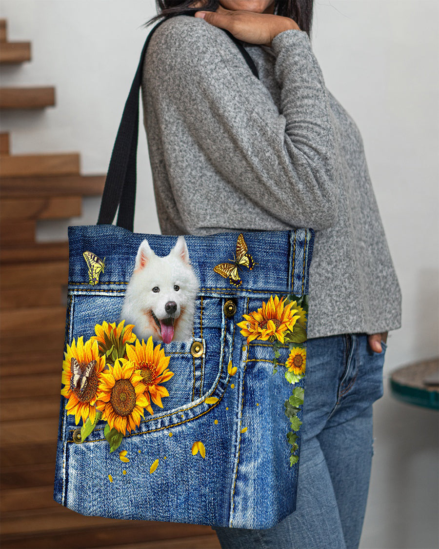 Samoyed-Sunflowers &amp; Butterflies Cloth Tote Bag