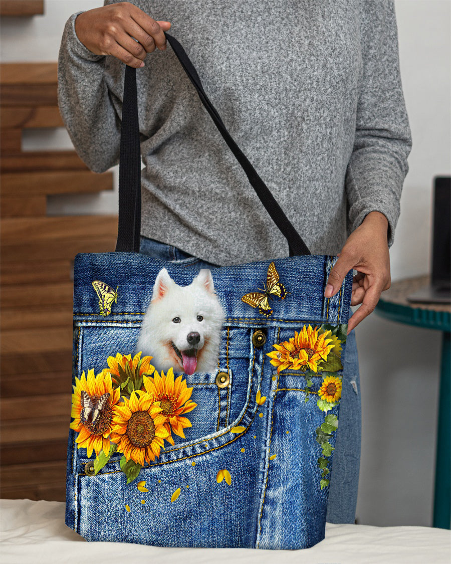 Samoyed-Sunflowers &amp; Butterflies Cloth Tote Bag