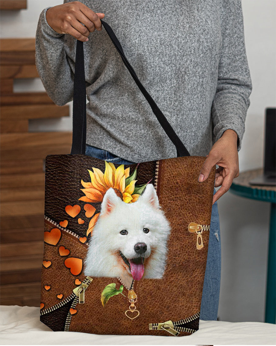 Samoyed-Sunflower&amp;zipper Cloth Tote Bag