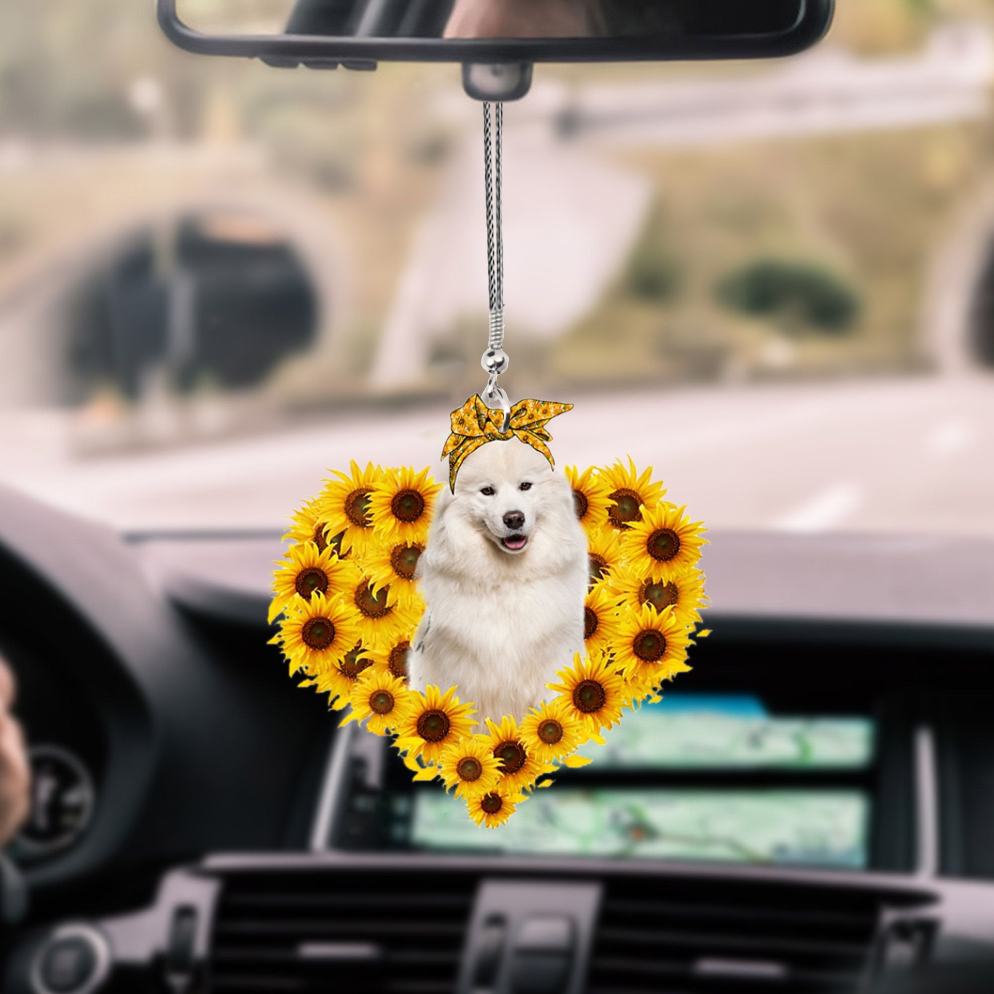 Samoyed-Sunflower Heart gift Car Ornament