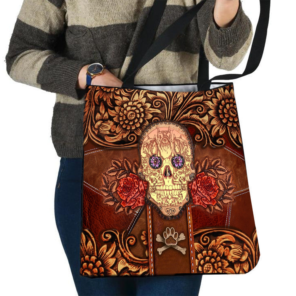 Schnauzer 2 Skull Flower Cloth Tote Bag