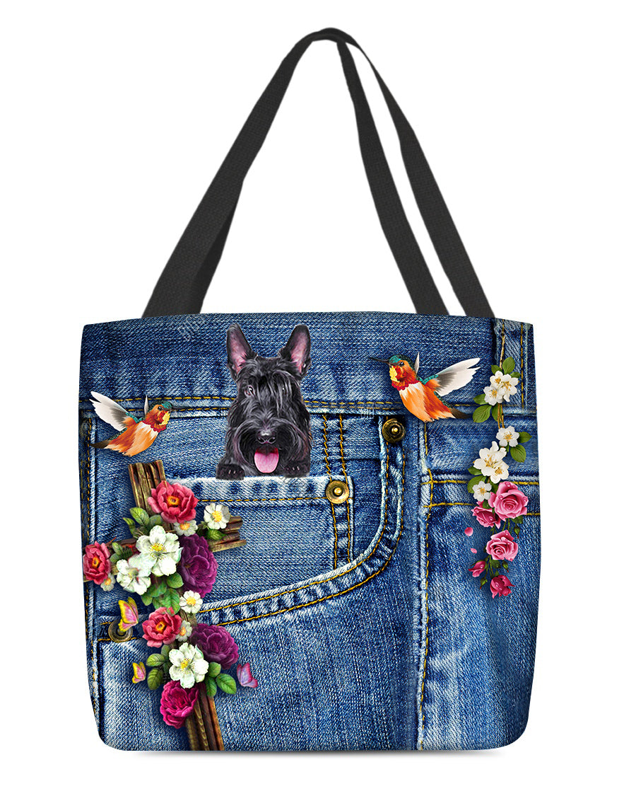 Scottish Terrier-Cardinal &amp; Cross Flower Cloth Tote Bag
