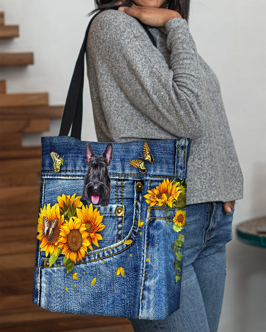 Scottish Terrier-Sunflowers &amp; Butterflies Cloth Tote Bag