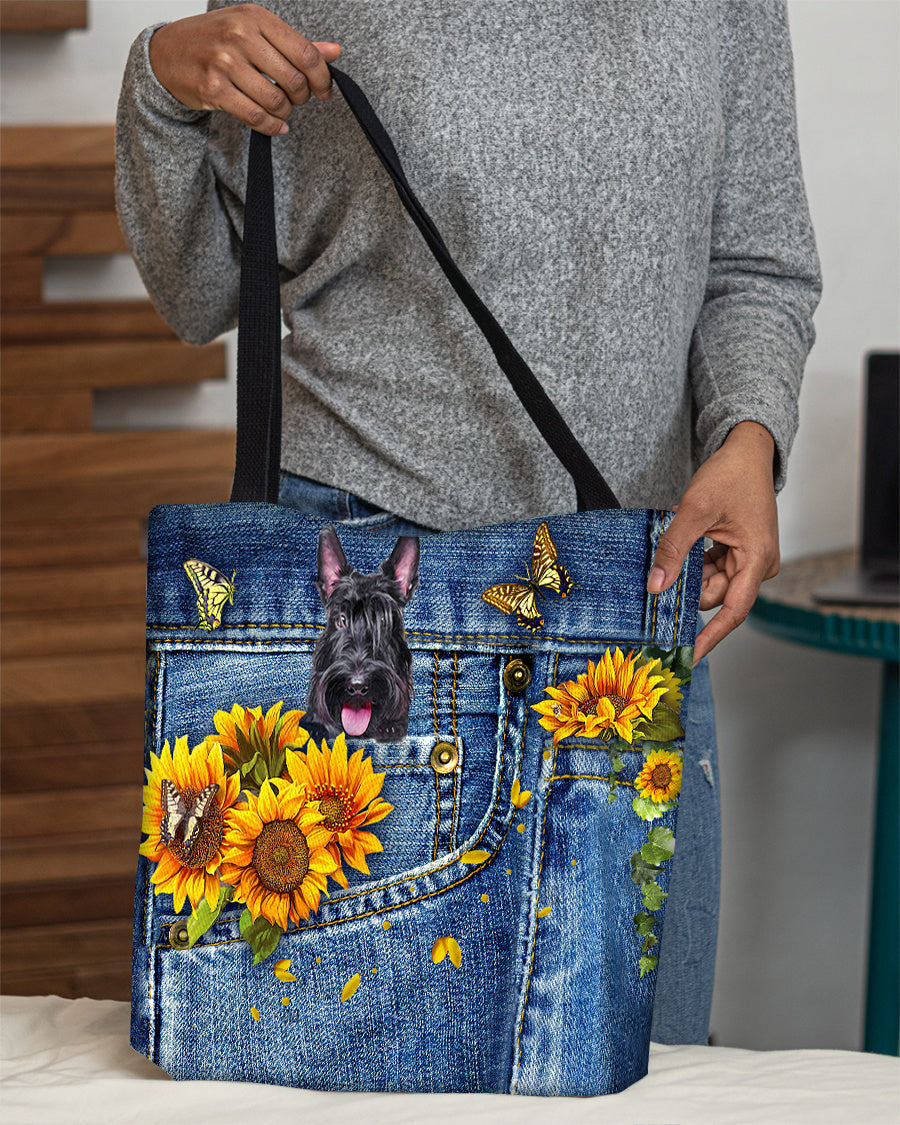 Scottish Terrier-Sunflowers &amp; Butterflies Cloth Tote Bag