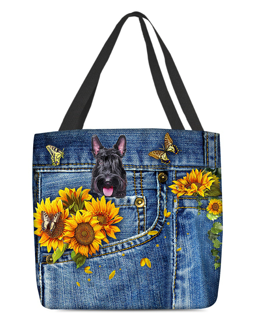 Scottish Terrier-Sunflowers &amp; Butterflies Cloth Tote Bag