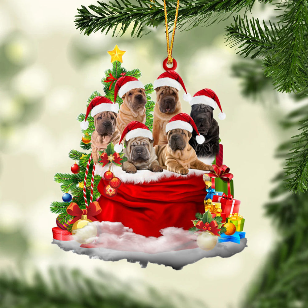 Shar Pei-Christmas Bag&amp;Dogs-Two Sided Ornament