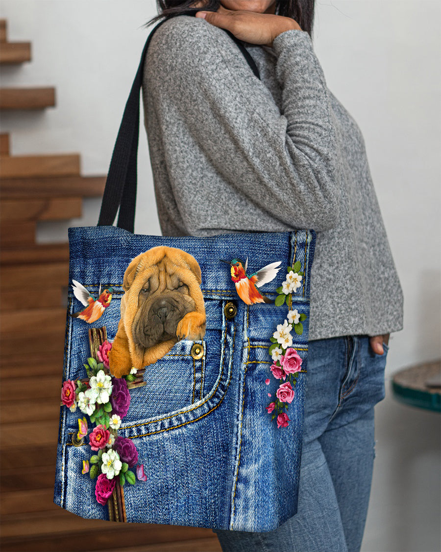Shar Pei-Cardinal &amp; Cross Flower Cloth Tote Bag