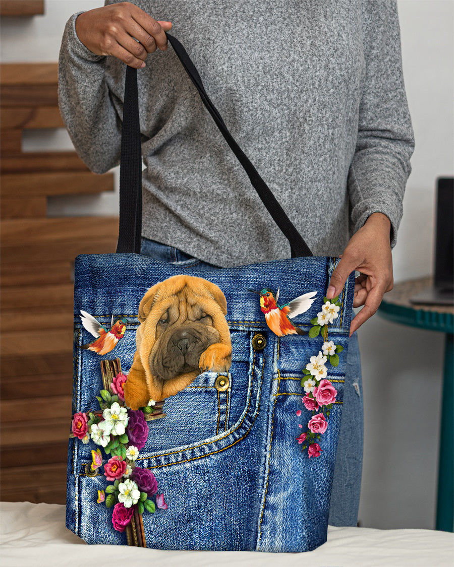 Shar Pei-Cardinal &amp; Cross Flower Cloth Tote Bag