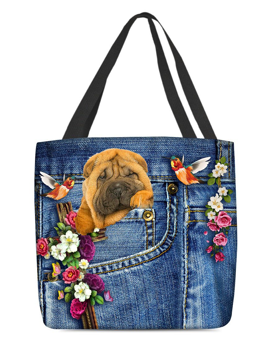 Shar Pei-Cardinal &amp; Cross Flower Cloth Tote Bag
