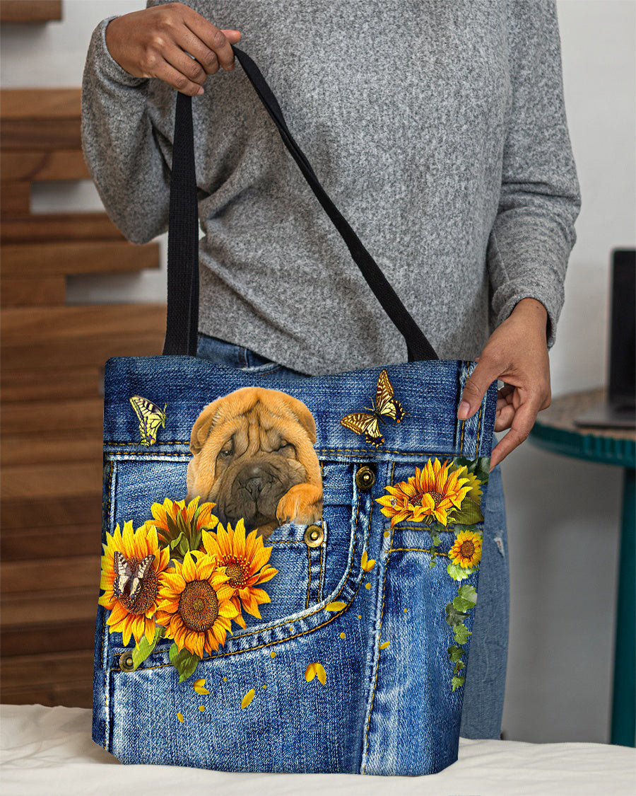 Shar pei-Sunflowers &amp; Butterflies Cloth Tote Bag