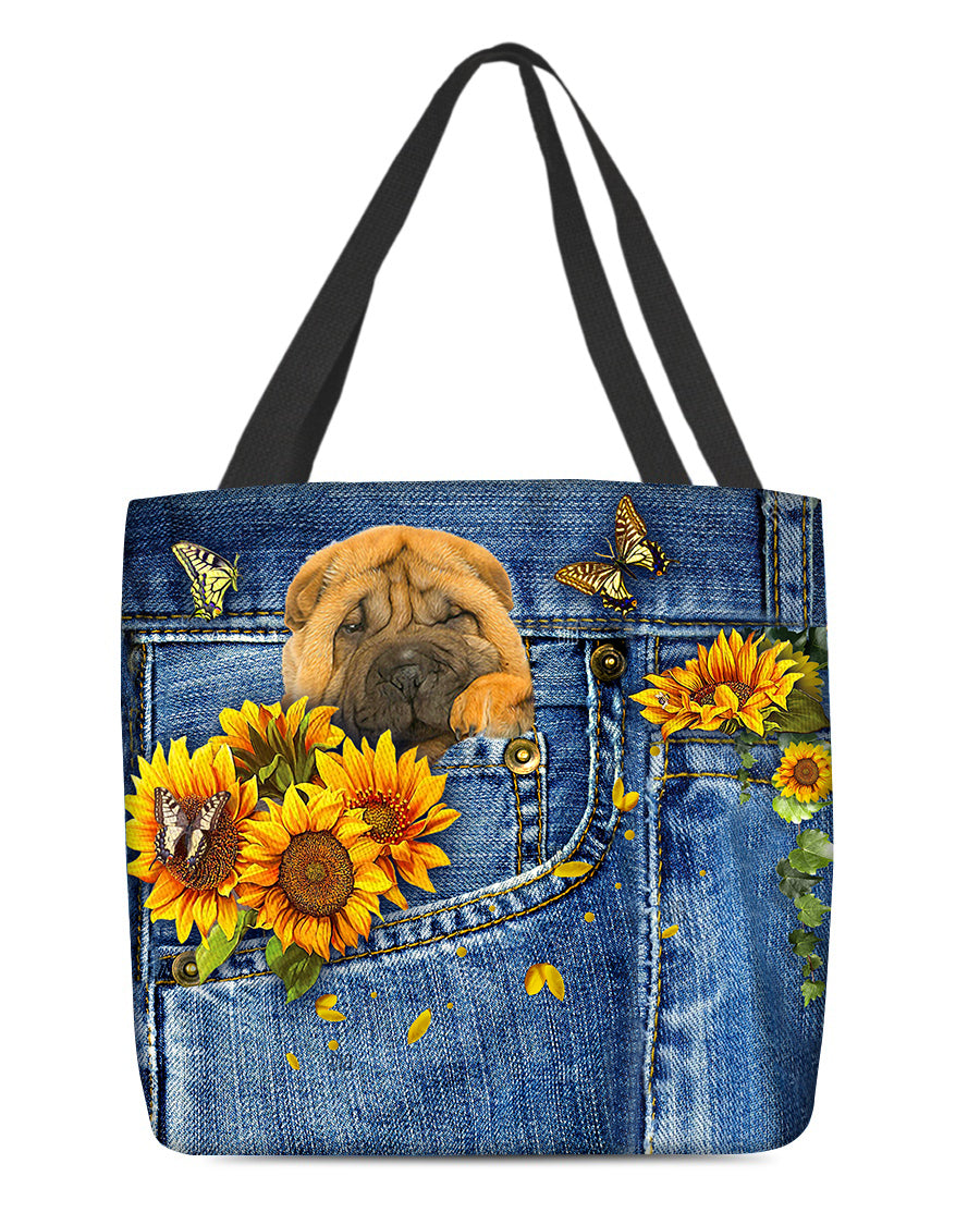 Shar pei-Sunflowers &amp; Butterflies Cloth Tote Bag
