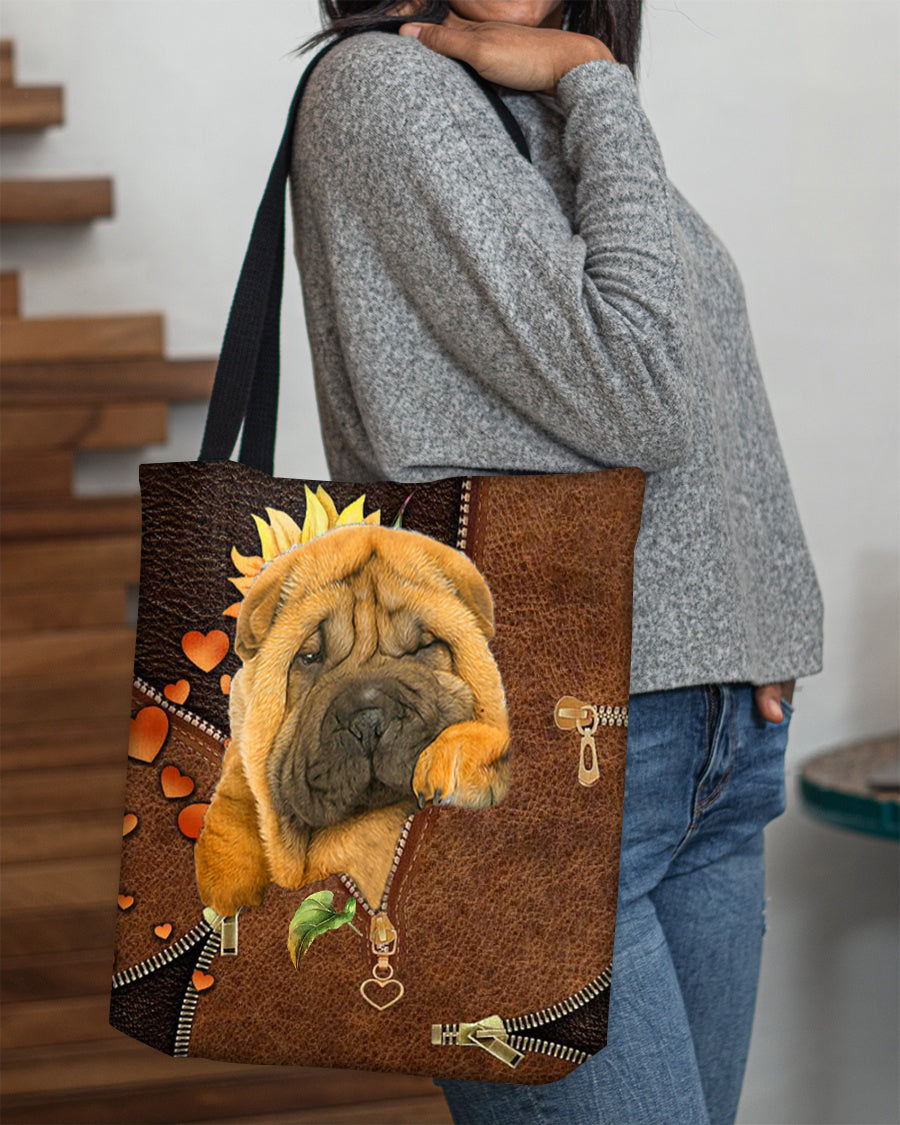Shar pei-Sunflower&amp;zipper Cloth Tote Bag