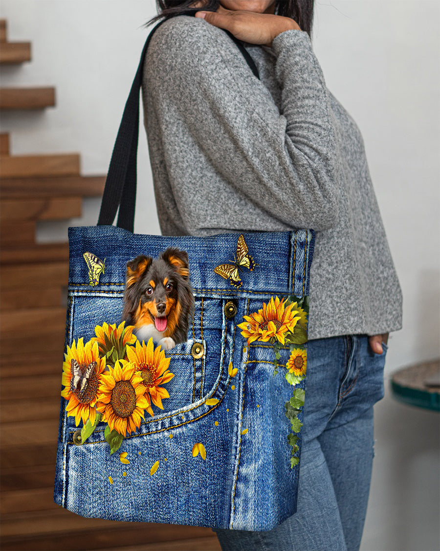 Sheltie-Sunflowers &amp; Butterflies Cloth Tote Bag