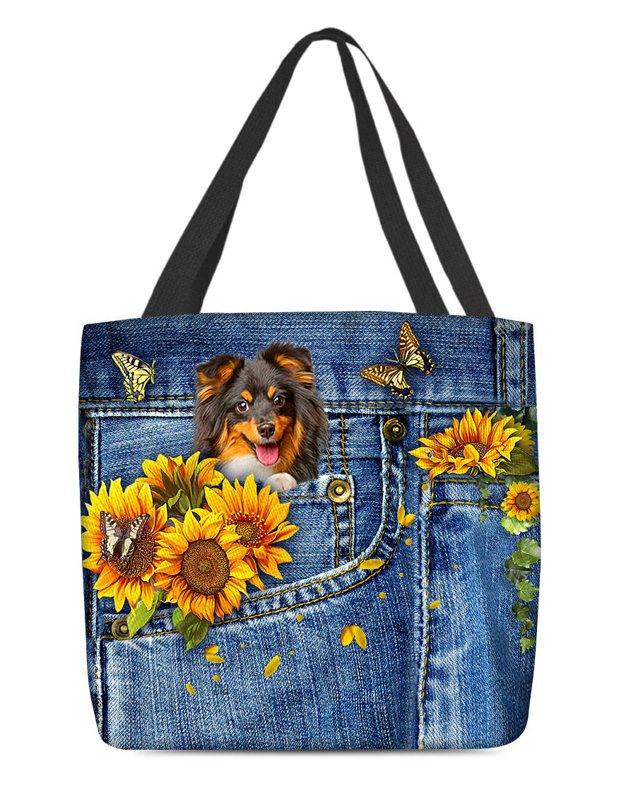 Sheltie-Sunflowers &amp; Butterflies Cloth Tote Bag