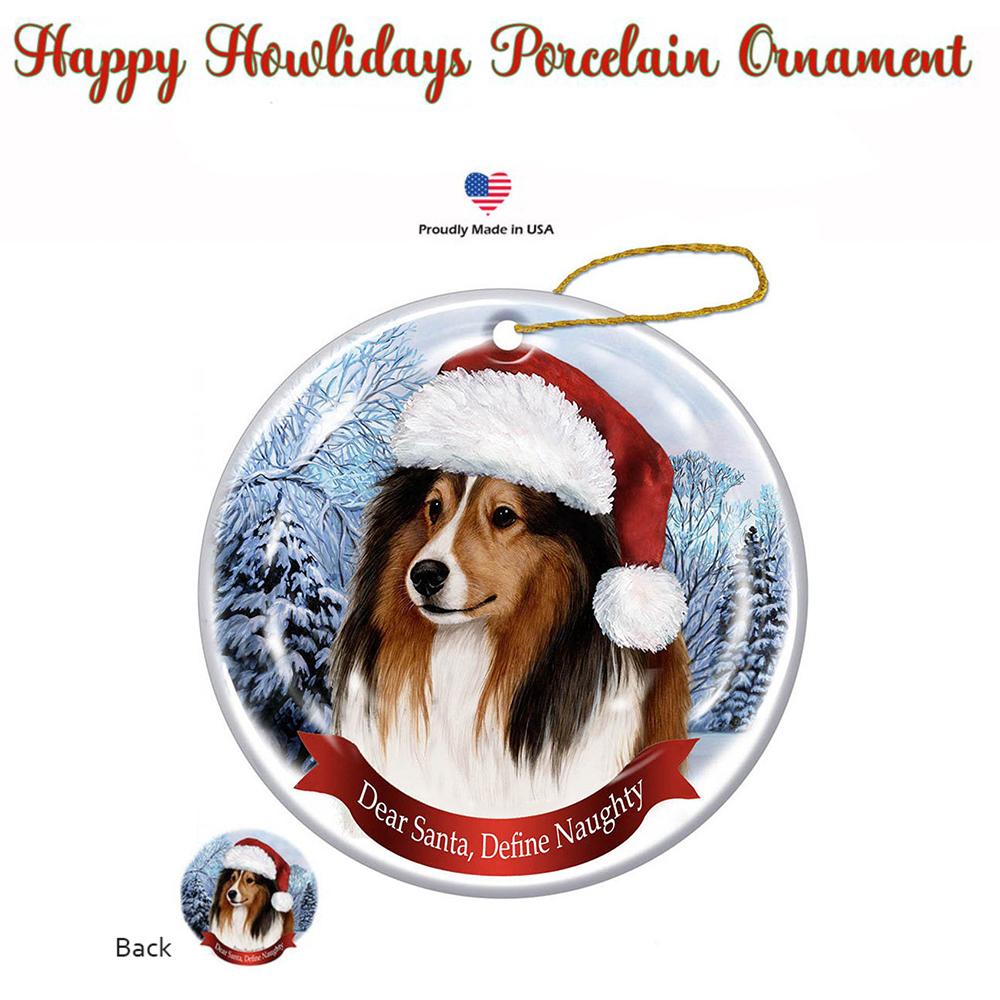 Sheltie (Sable) Santa Hat Porcelain Christmas Ornament