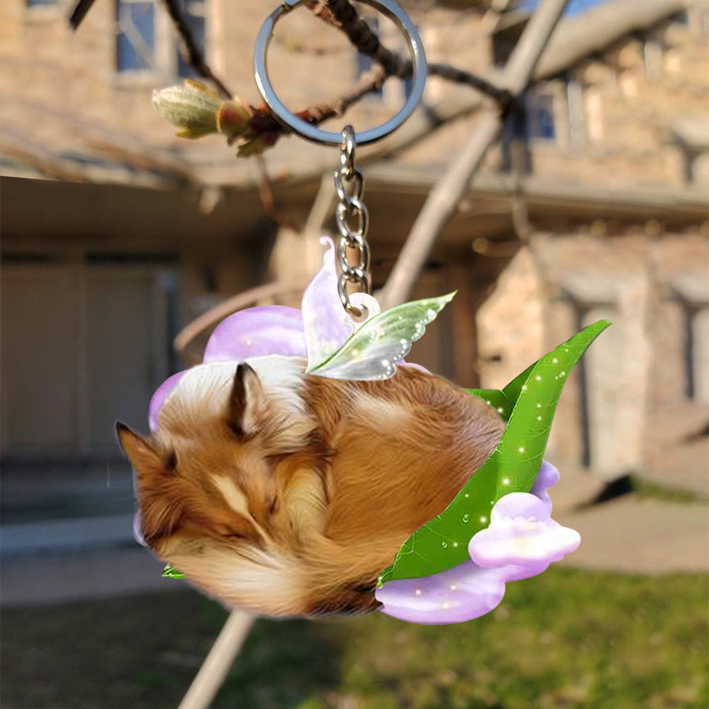 Sheltie-Sleep On Fallen Leaves Flat Acrylic Keychain