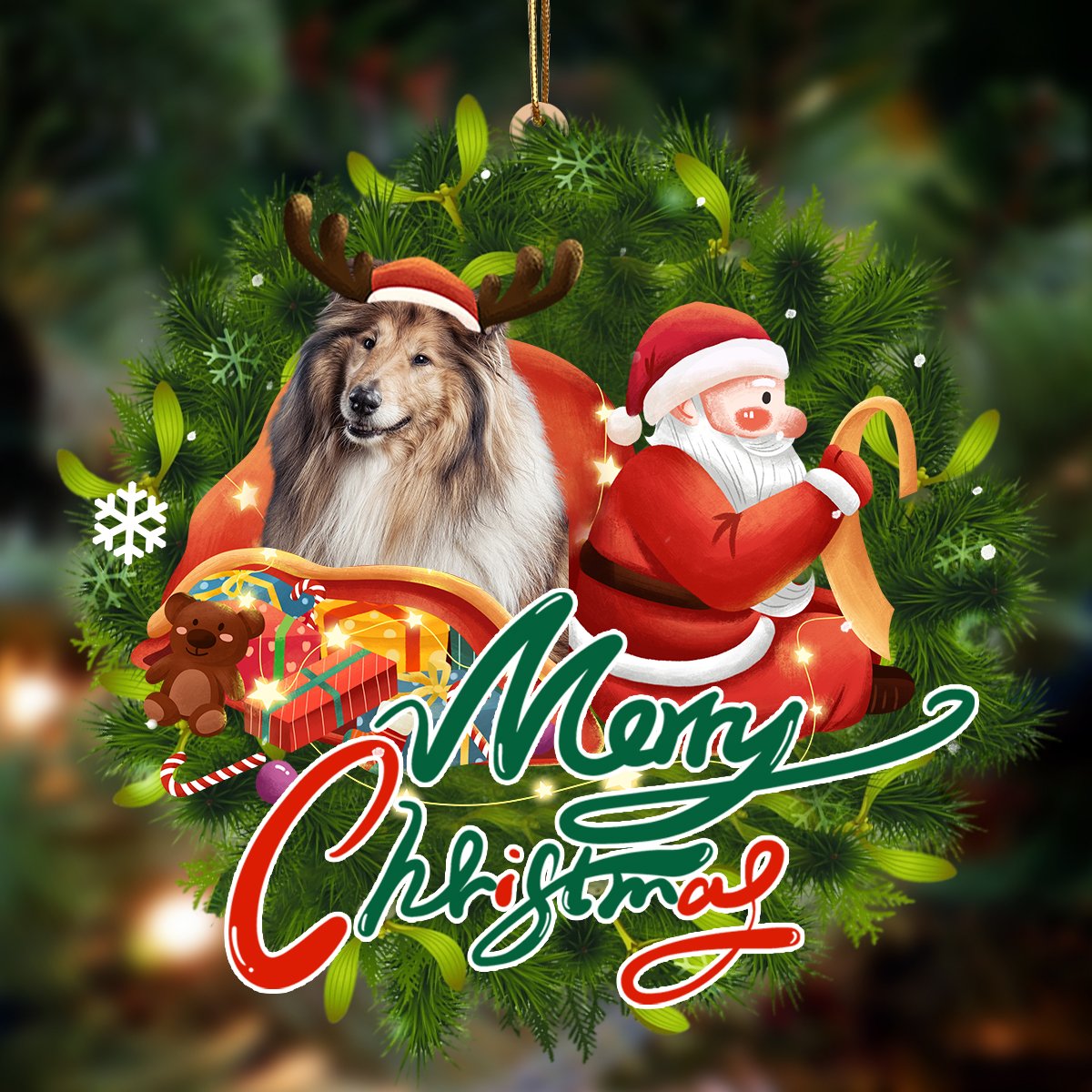 Shetland Sheepdog-Santa &amp; dog Hanging Ornament