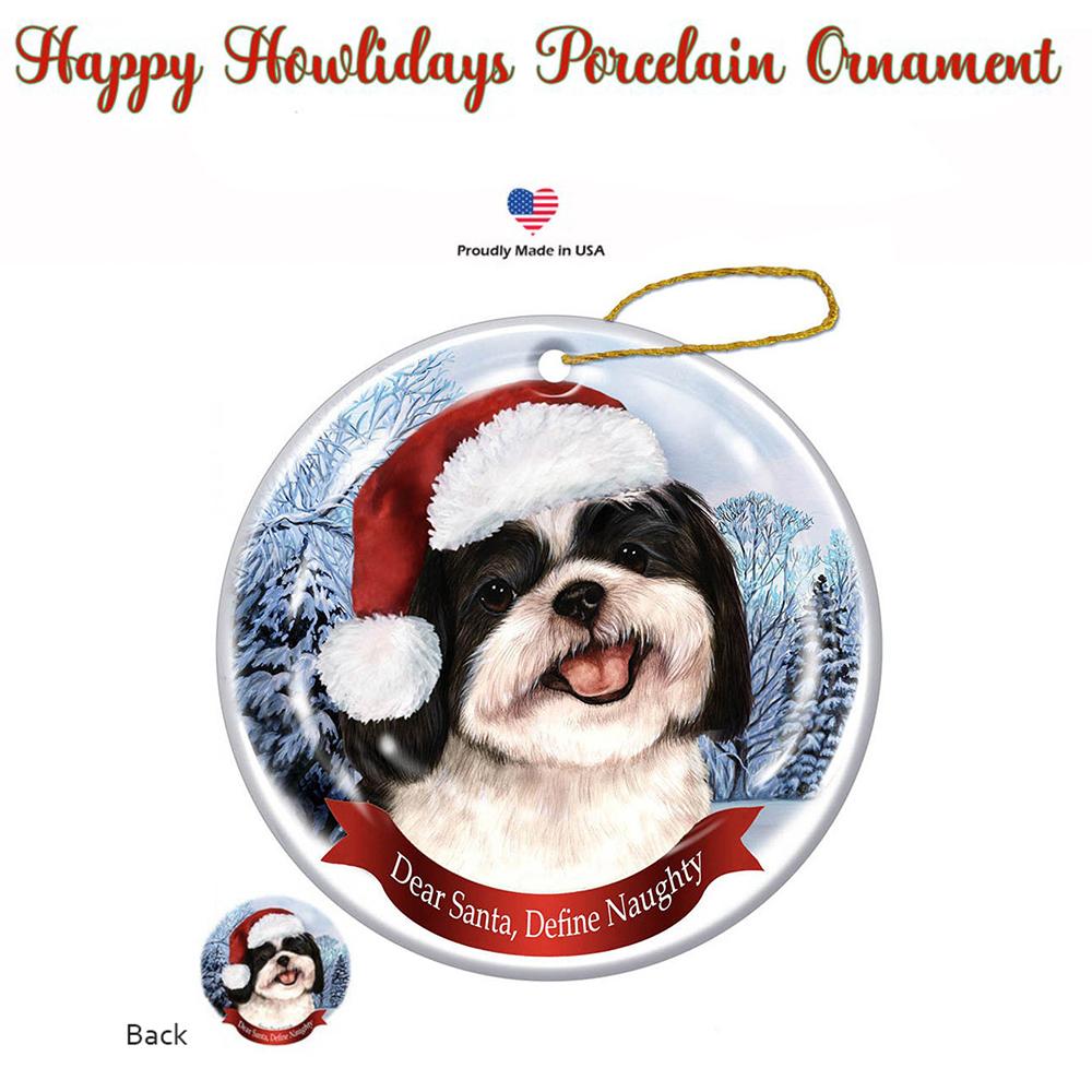 Shih-Tzu (Black &amp; White) Santa Hat Porcelain Christmas Ornament