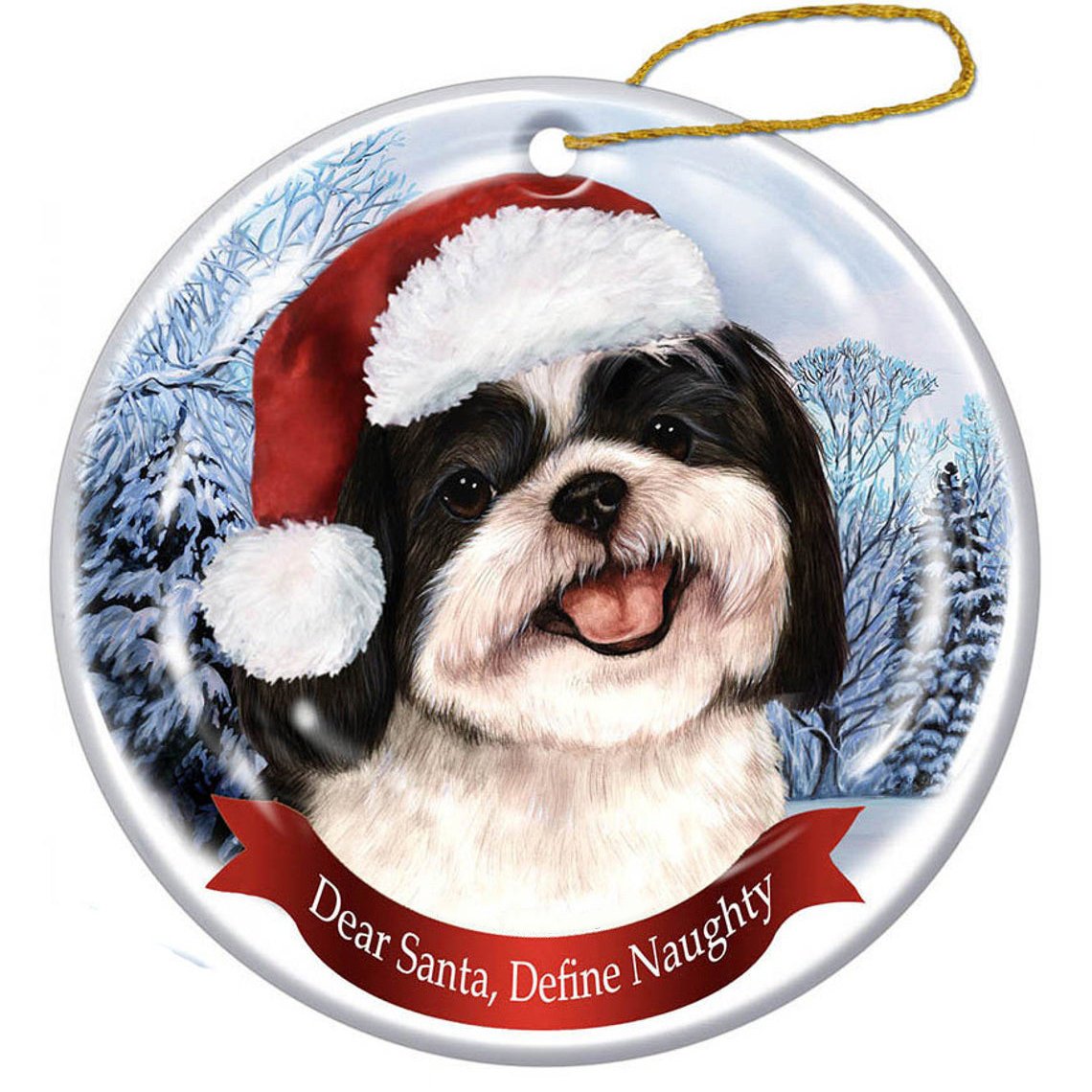 Shih-Tzu (Black &amp; White) Santa Hat Porcelain Christmas Ornament