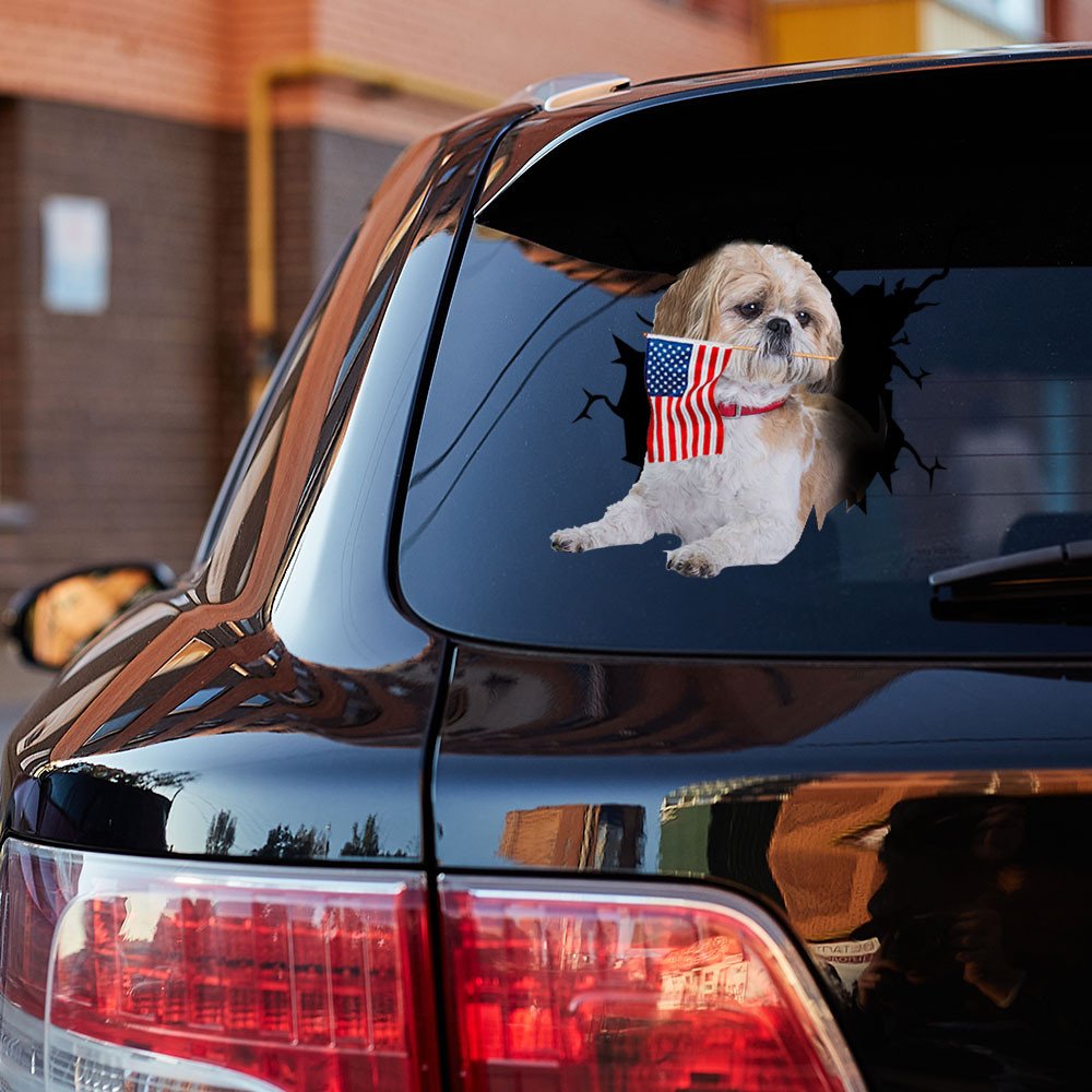 Shih Tzu And American Flag Independent Day Car Sticker Decal