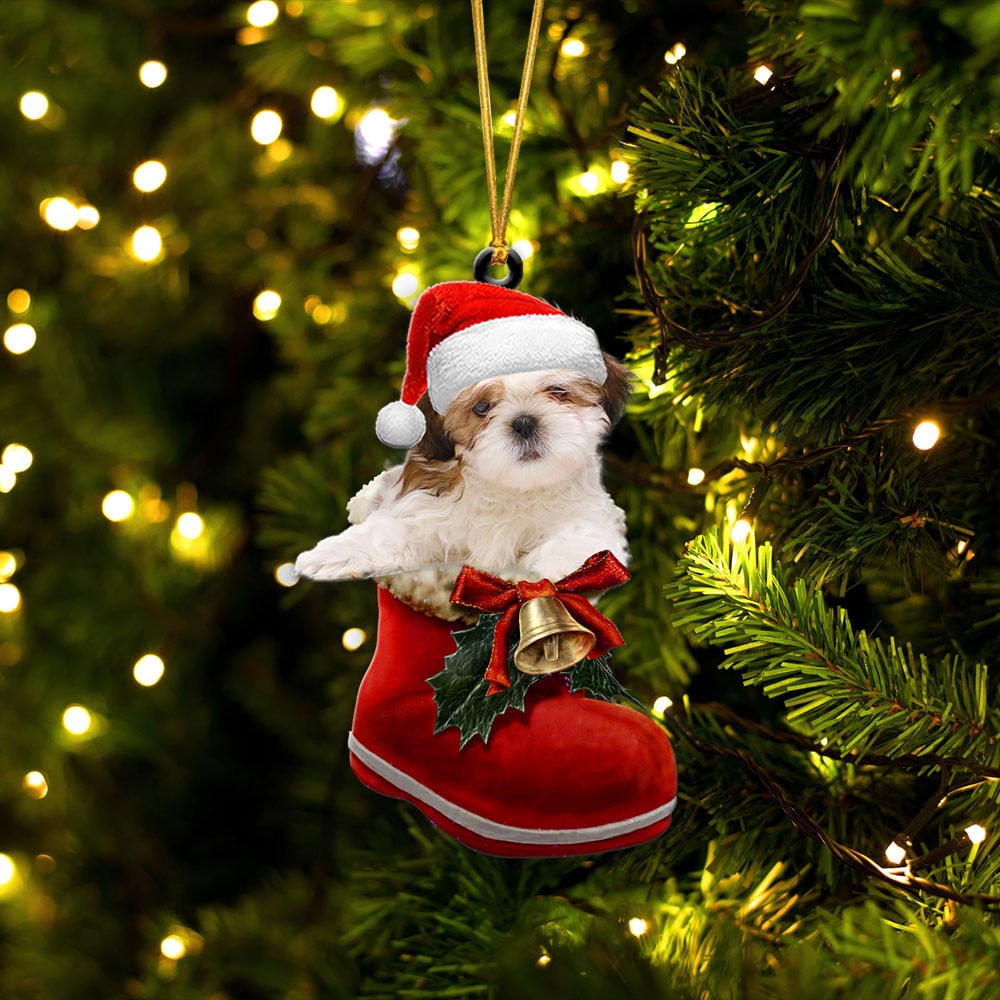 Dog in Santa Boot Christmas Two Sided Ornament Noodever