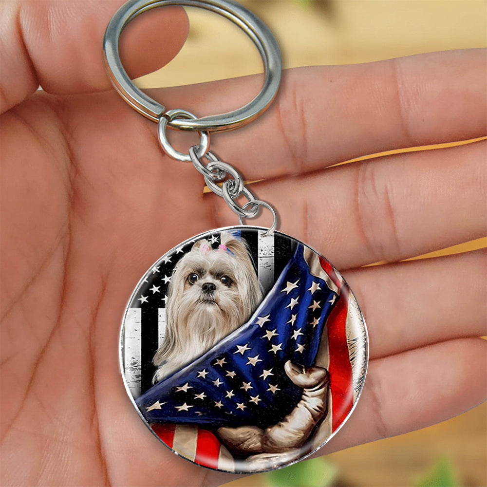 Shih Tzu (2)-Inside American Flag Independence Day Round Resin Epoxy Metal Keychain