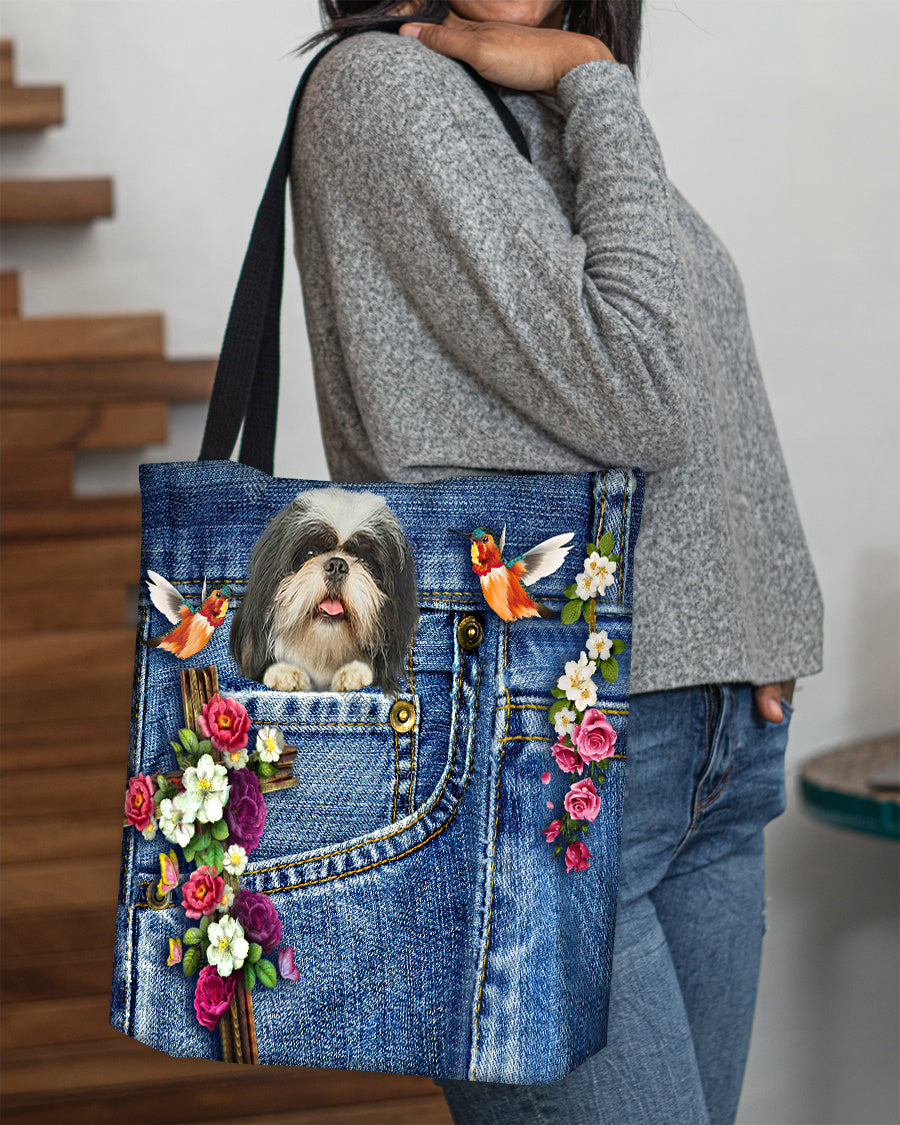 Shih tzu-Cardinal &amp; Cross Flower Cloth Tote Bag