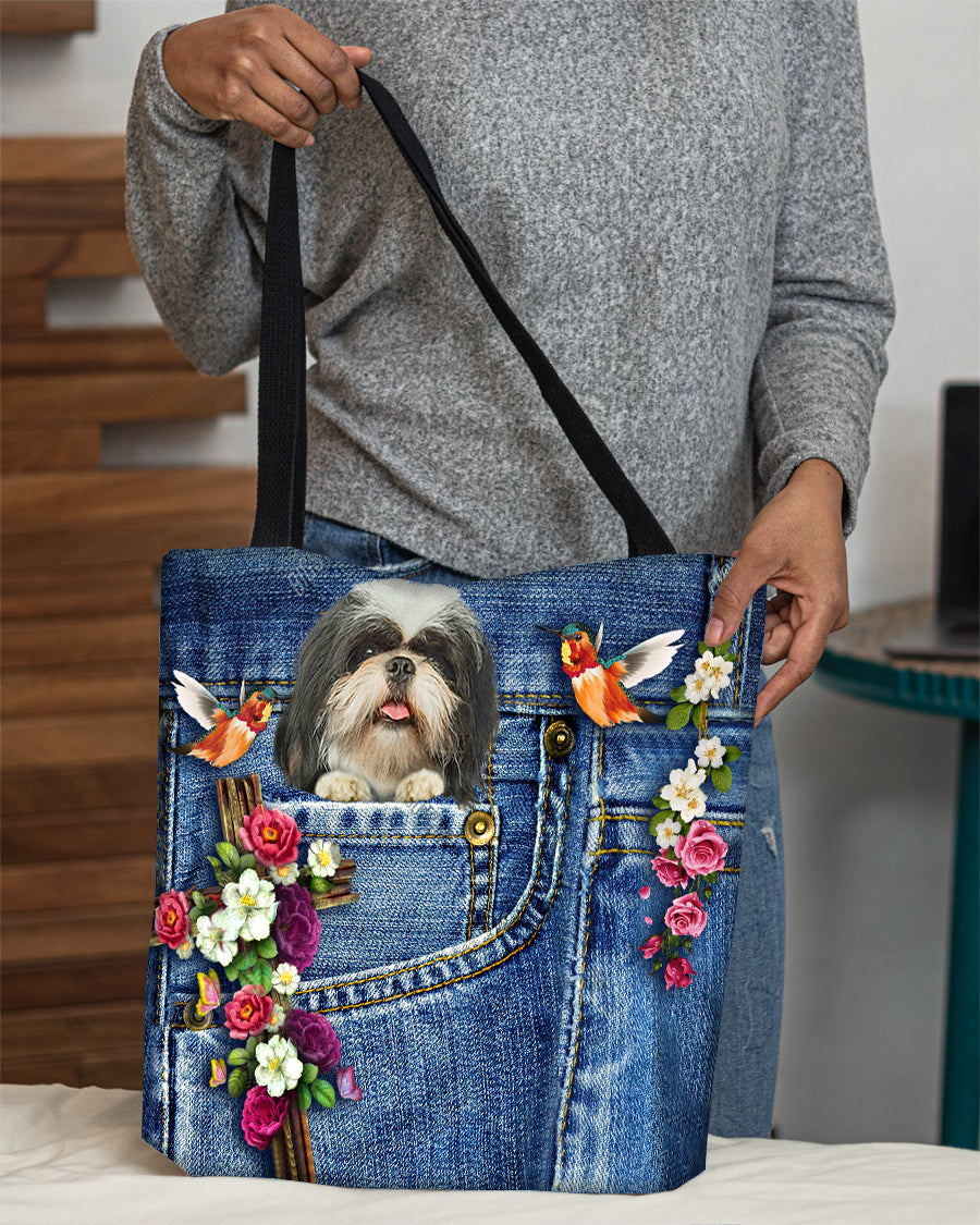 Shih tzu-Cardinal &amp; Cross Flower Cloth Tote Bag