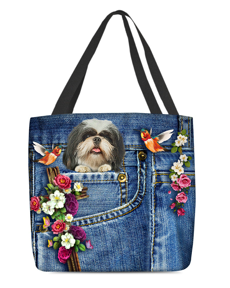 Shih tzu-Cardinal &amp; Cross Flower Cloth Tote Bag