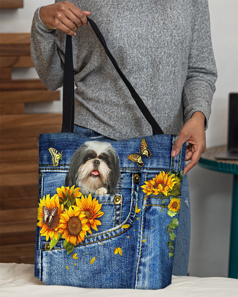 Shih tzu-Sunflowers &amp; Butterflies Cloth Tote Bag