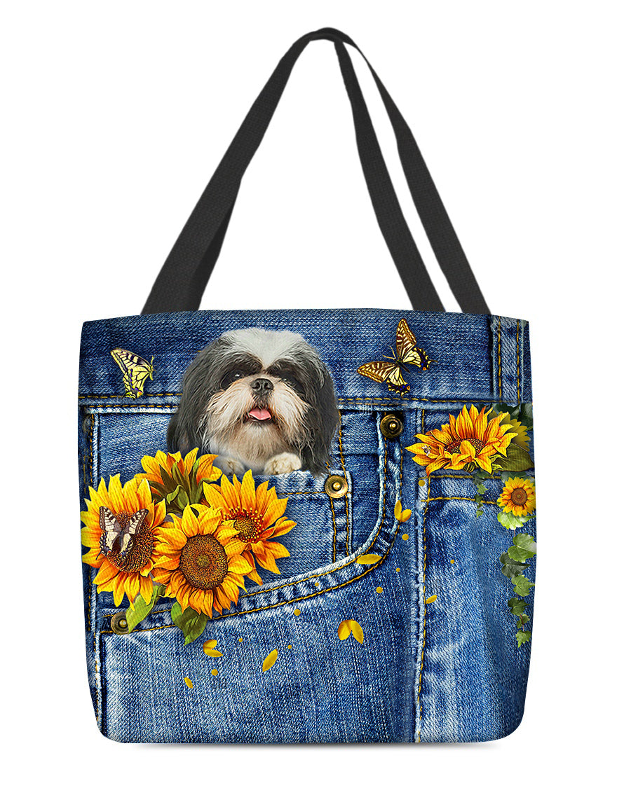Shih tzu-Sunflowers &amp; Butterflies Cloth Tote Bag