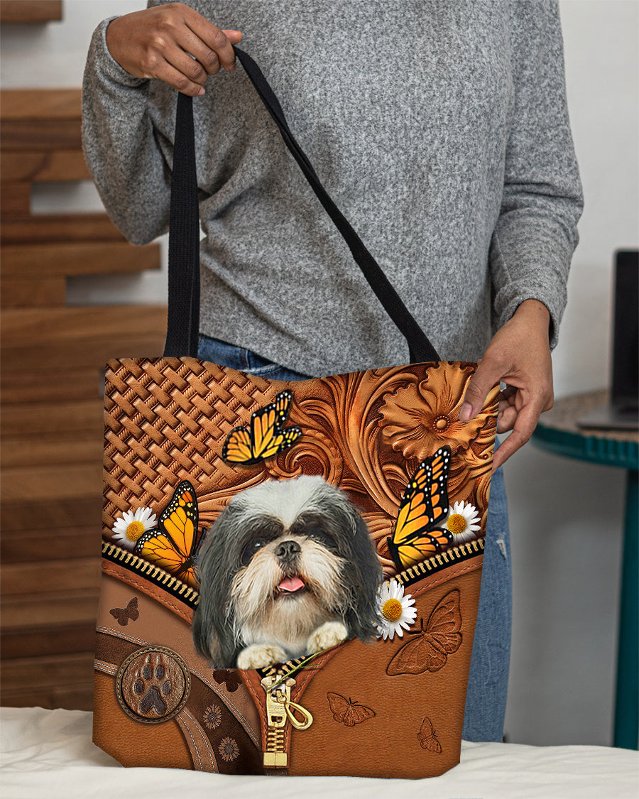 Shih tzu Butterfly Daisy Cloth Tote Bag