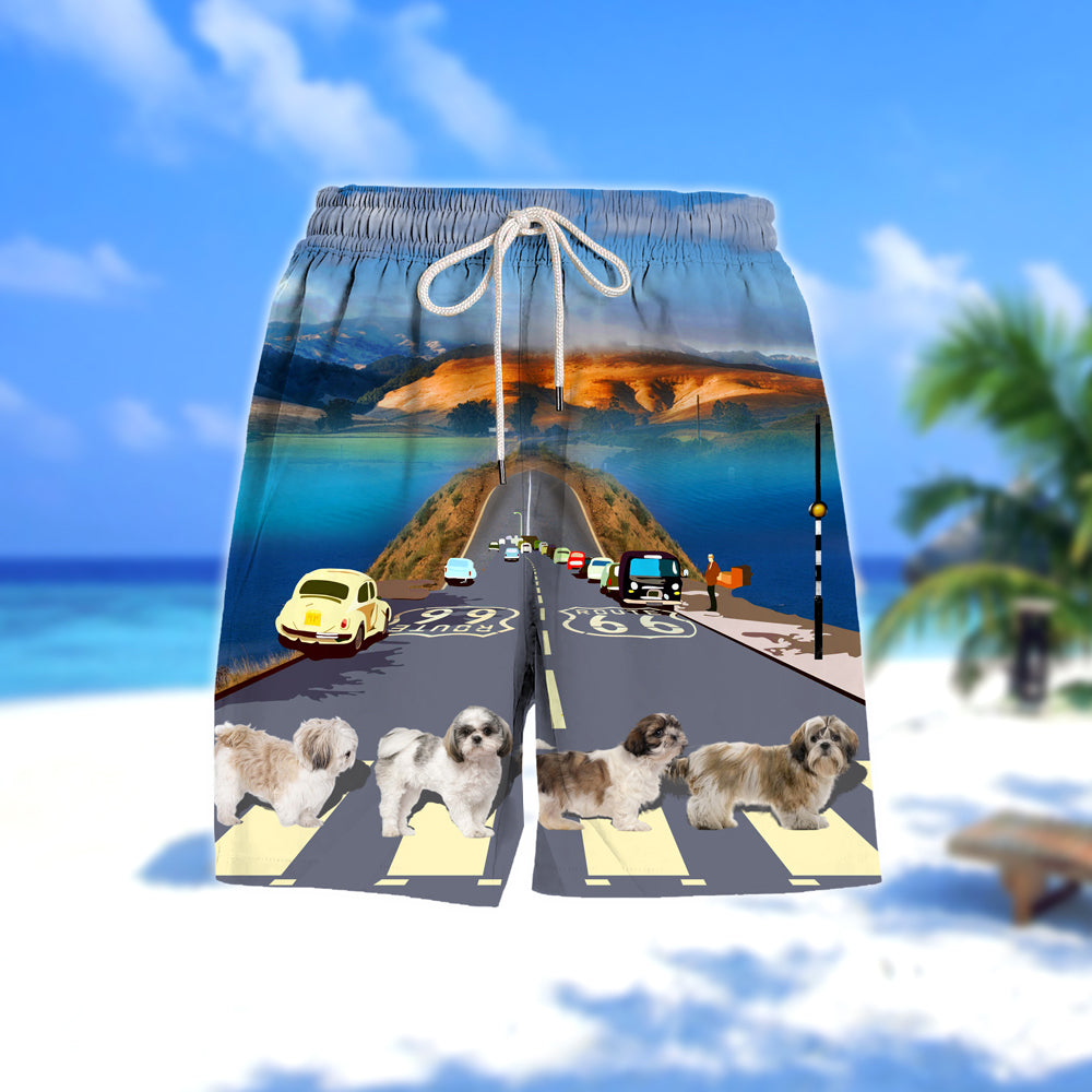 Shih tzu Cross the road- Men Hawaii Beach Shorts