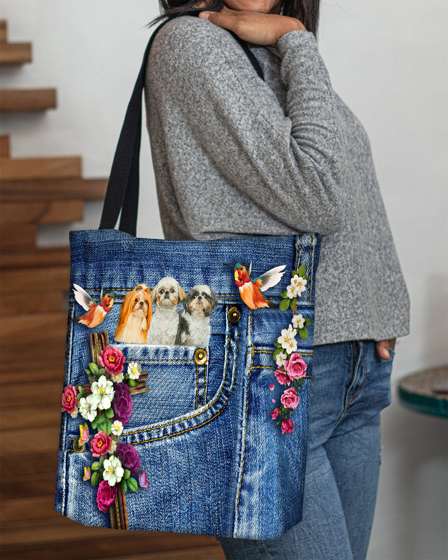 Shih tzu 3-Cardinal &amp; Cross Flower Cloth Tote Bag